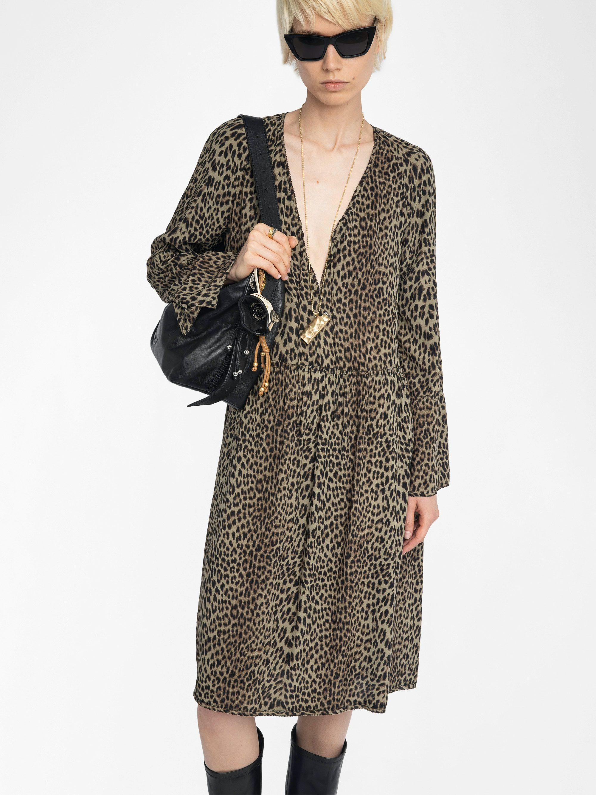 Rinas Dress - Mid-length printed viscose dress, long sleeves, laced neckline.